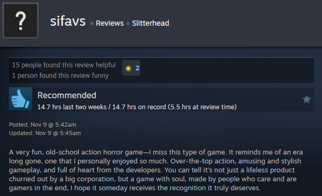 Screenshot showing a Steam user review of Slitterhead.